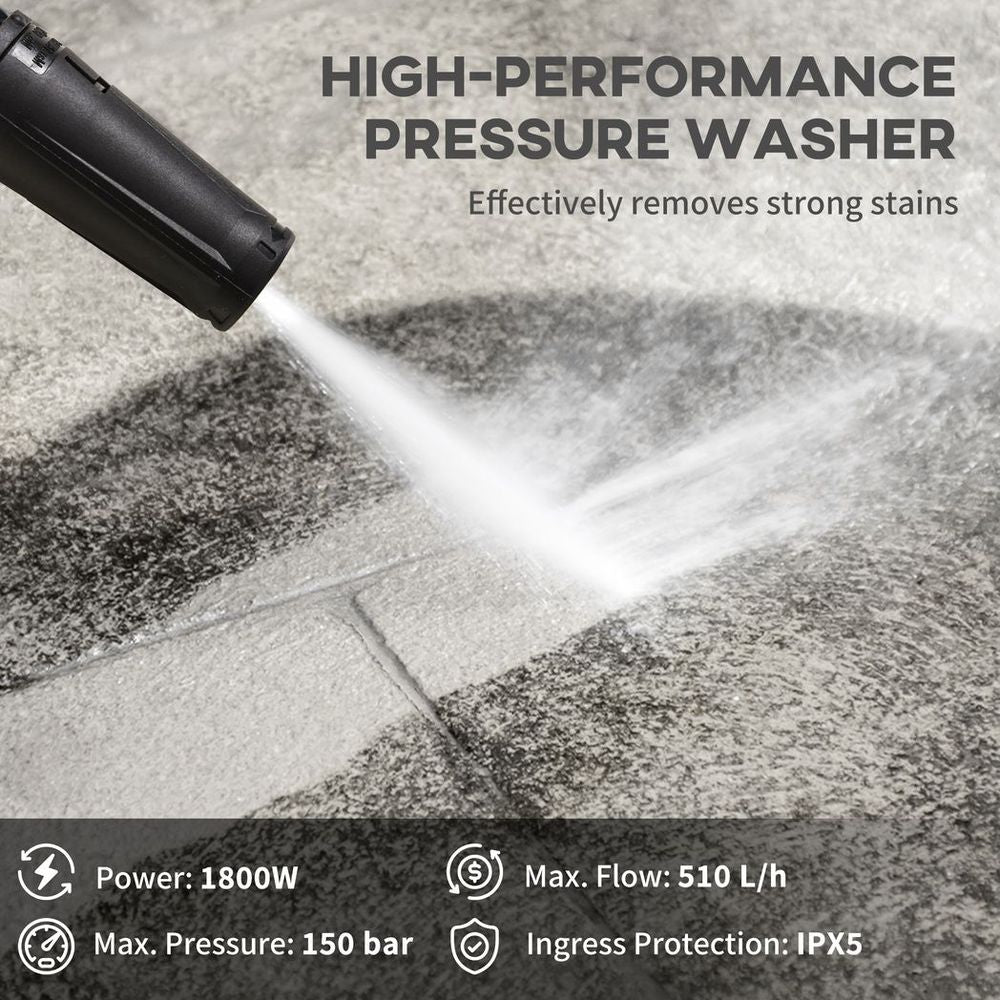 DURHAND High-Performance Power Washer 1800W, 150 Bar, 510 L/h, for Garden, Car - anydaydirect