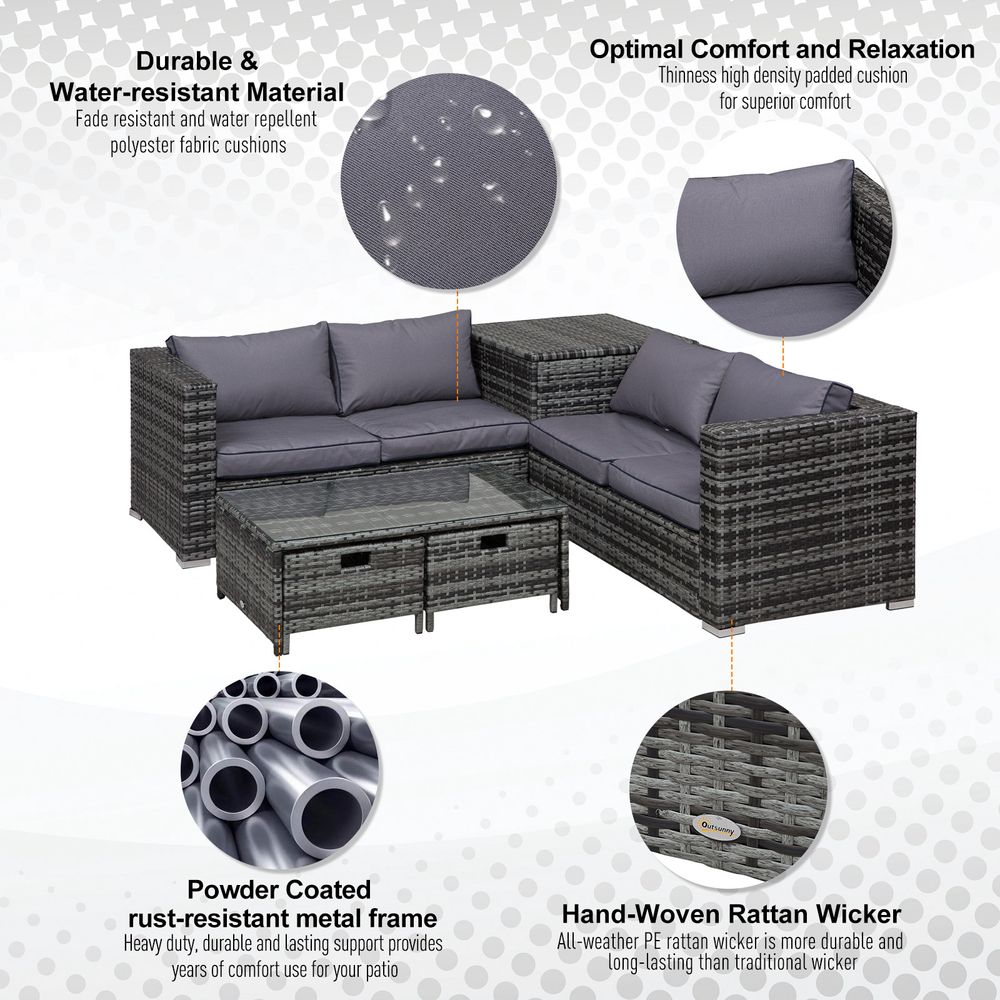 4pcs Rattan Sofa Storage & Table & 2 Drawers Cushions Corner Trunk Coffee Grey - anydaydirect