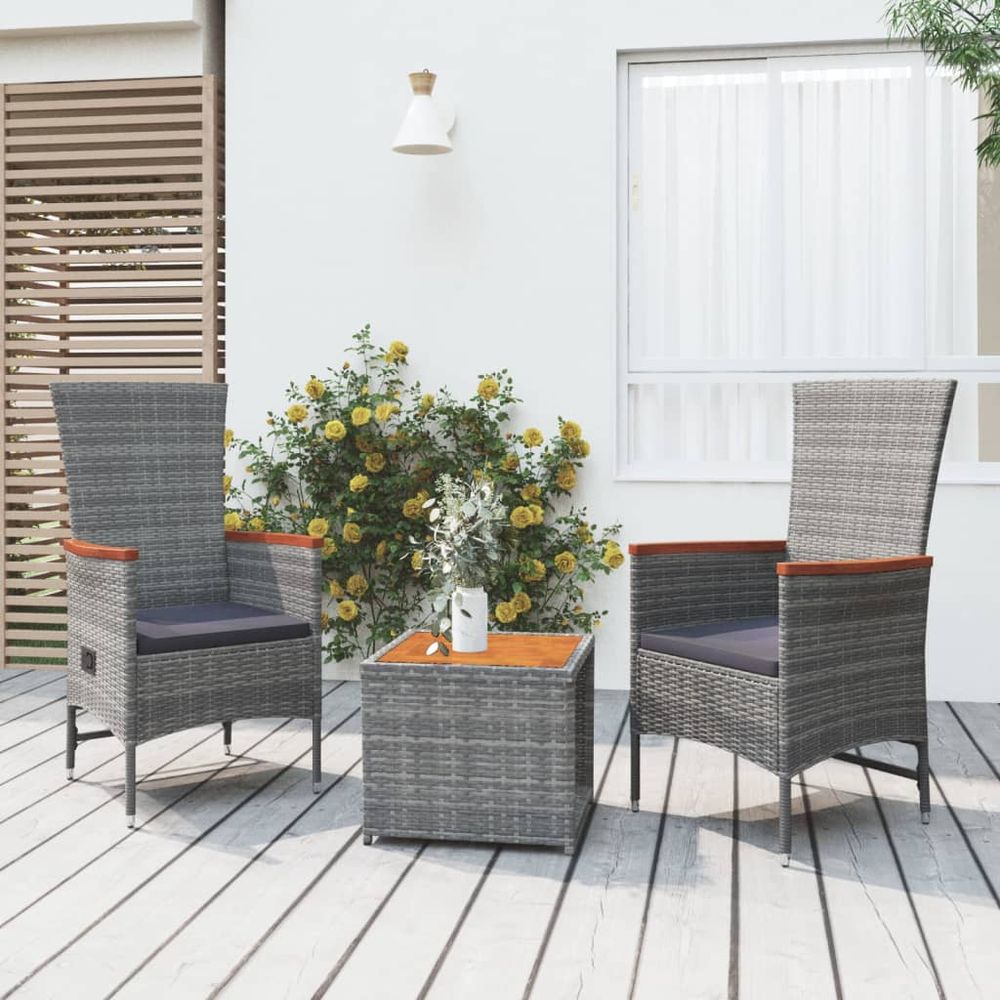 3 Piece Garden Lounge Set Grey Poly Rattan&Solid Wood Acacia - anydaydirect