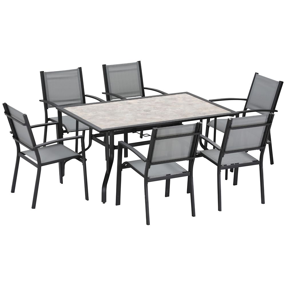 7 Piece Garden Dining Set, Table with Parasol Hole,Texteline Grey - anydaydirect