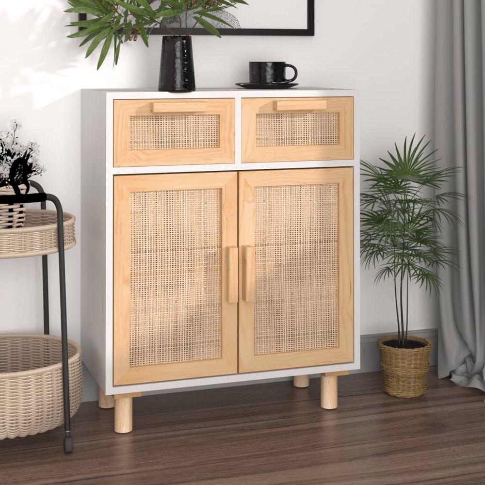 Sideboard White 60x30x75 cm Solid Wood Pine and Natural Rattan - anydaydirect