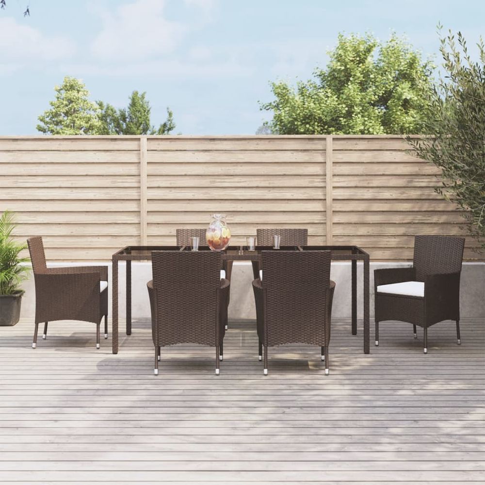 7 Piece Garden Dining Set with Cushions Brown Poly Rattan - anydaydirect