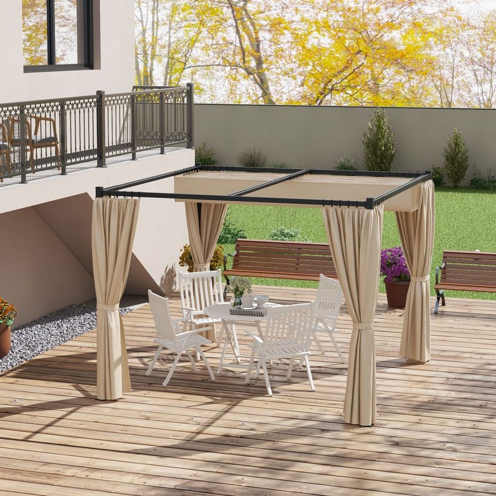 Outsunny 3 x 3(m) Pergola with Retractable Roof and Curtains, Beige - anydaydirect