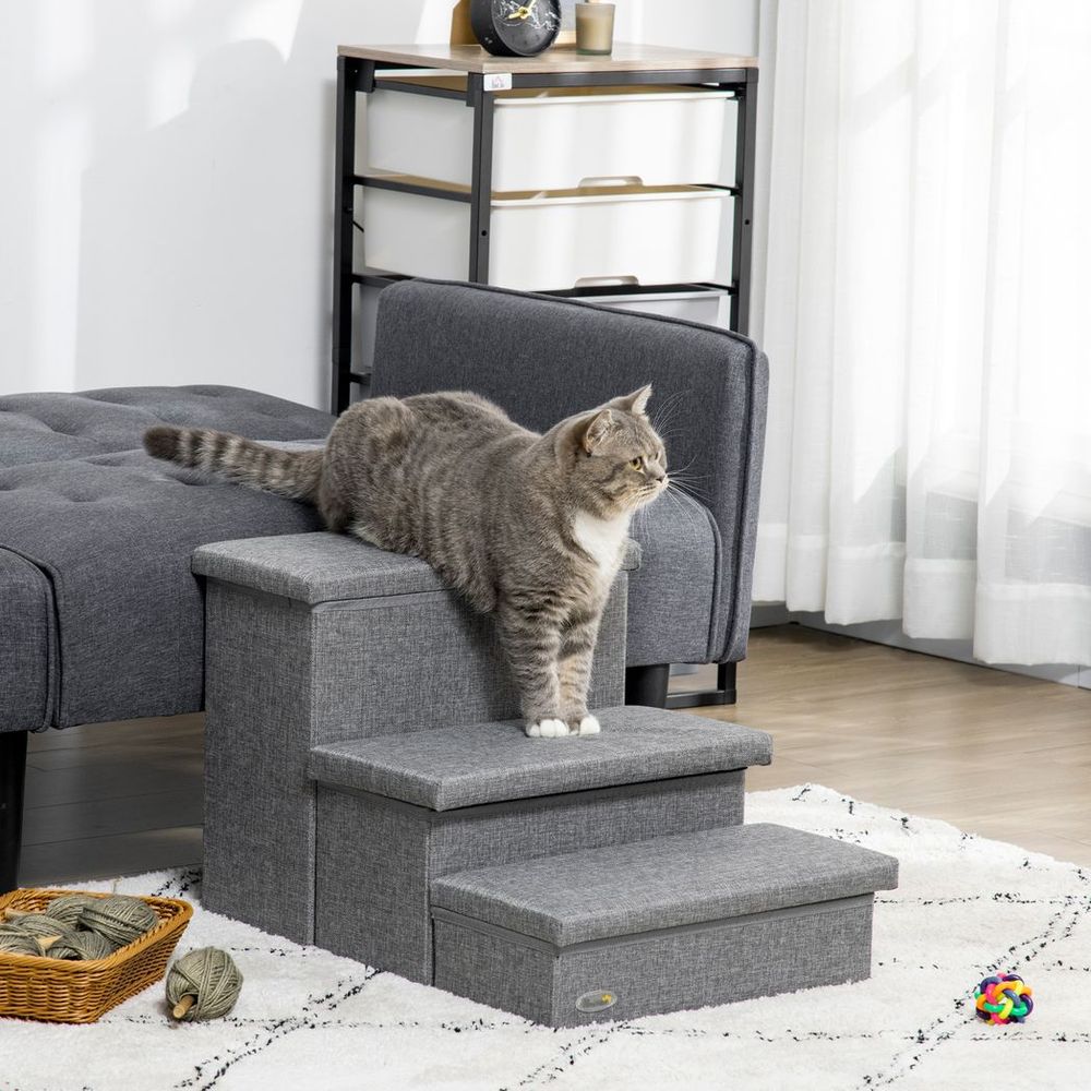 PawHut 3 Step Dog Steps with Storage Boxes, Cat Stairs for Bed Sofa, Light Grey - anydaydirect