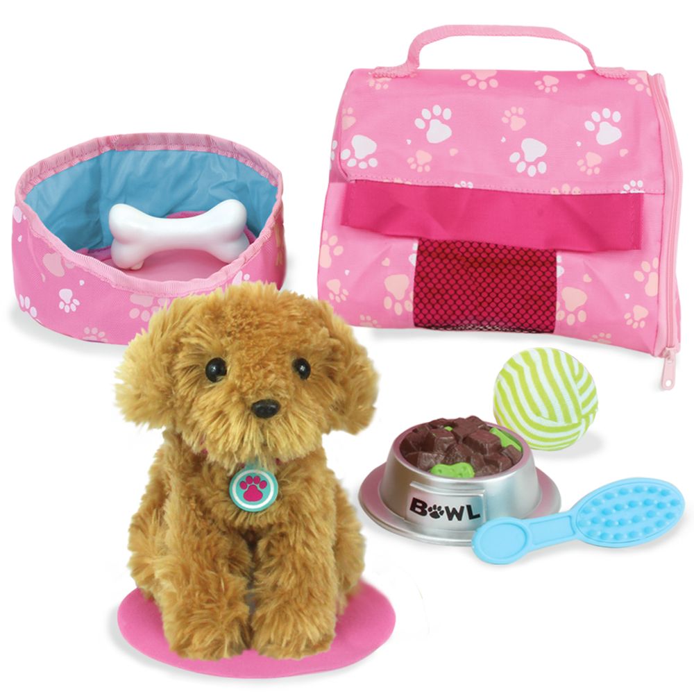 Plush Puppy Dog Carrier & 8 Interactive Accessories 18" Baby Dolls - anydaydirect