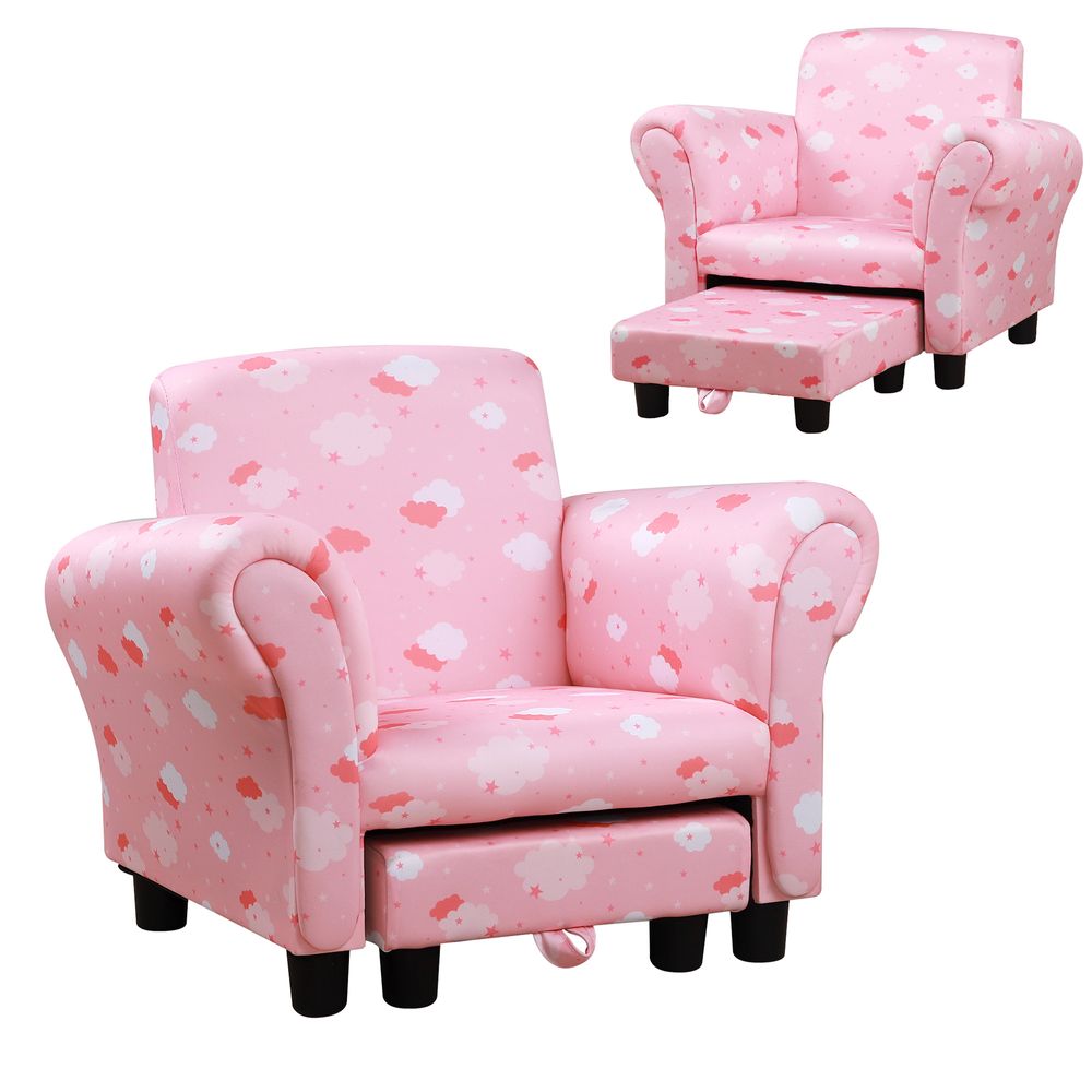 Cute Cloud Star Kids Children Armchair Mini Seat Wood w/ Footrest Padding Pink - anydaydirect