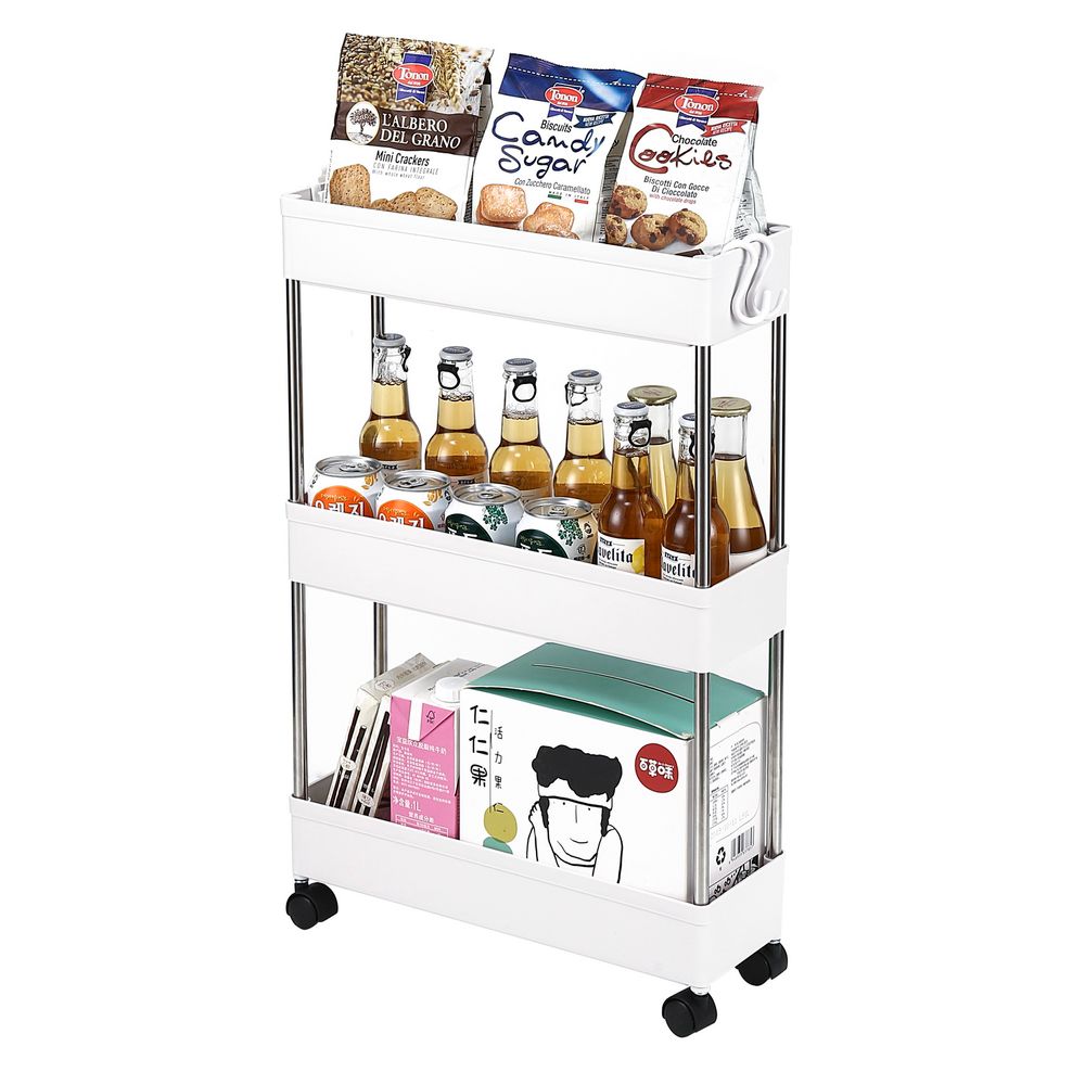 3-Layer Ultra-thin, Mobile Multi-Functional Slim Storage Cart,Suitable for Kitchen, Bathroom, Laundry Room Narrow Place, Plastic and Stainless Steel, White - anydaydirect