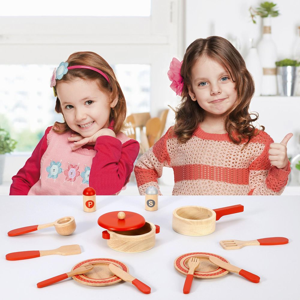 SOKA 14 PC Wooden Kitchen Red Cooking Set Pretend Role Play Set for Children - anydaydirect