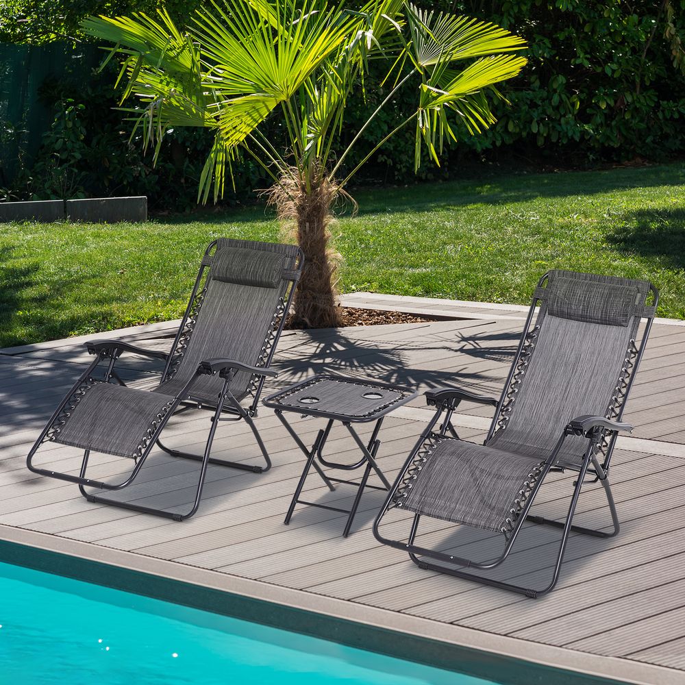 3PC Zero Gravity Chairs Sun Lounger Table Set Cup Holders Light Grey Outsunny - anydaydirect