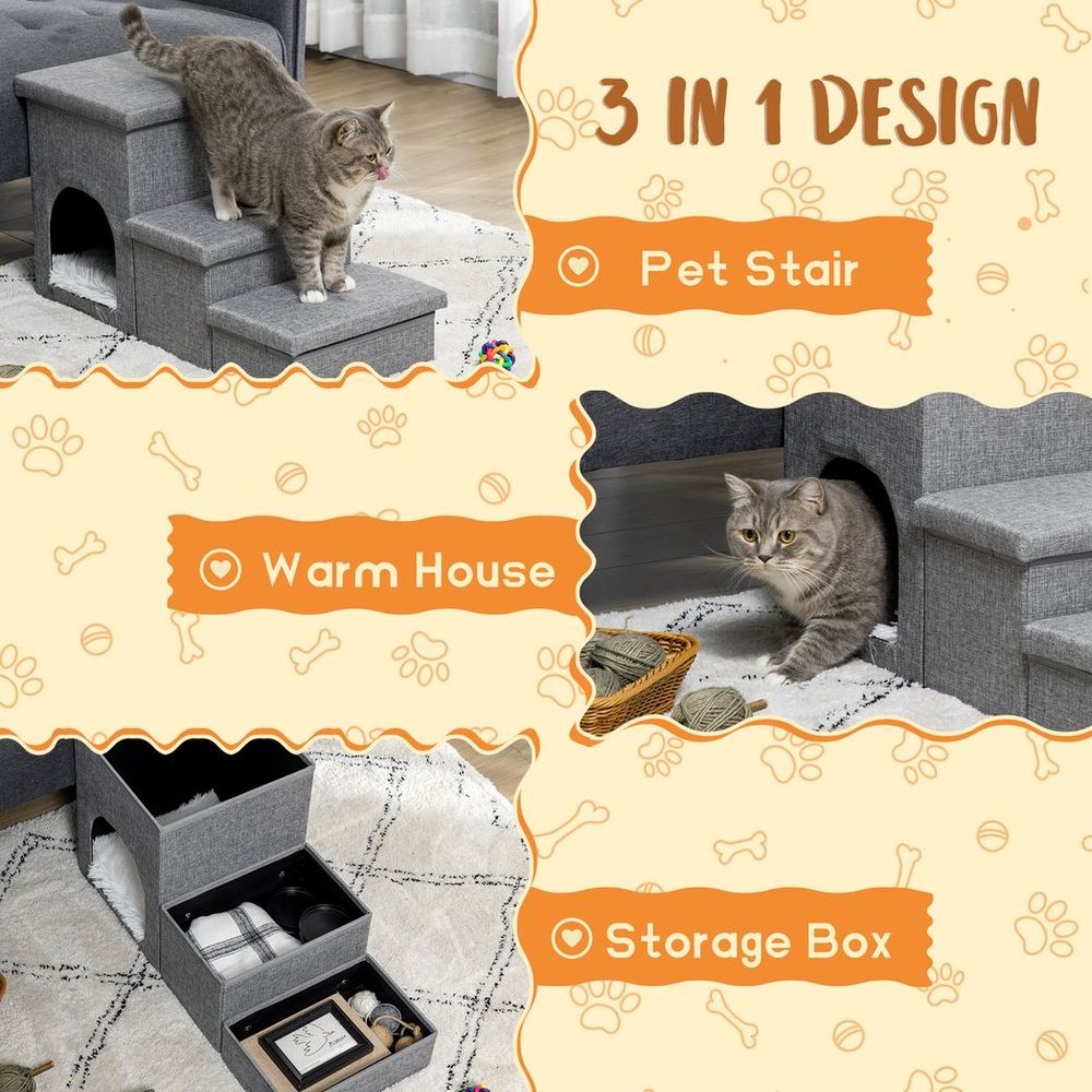 PawHut 3 Step Dog Steps for Bed w/ Cat House Storage Boxes for Sofa Grey - anydaydirect