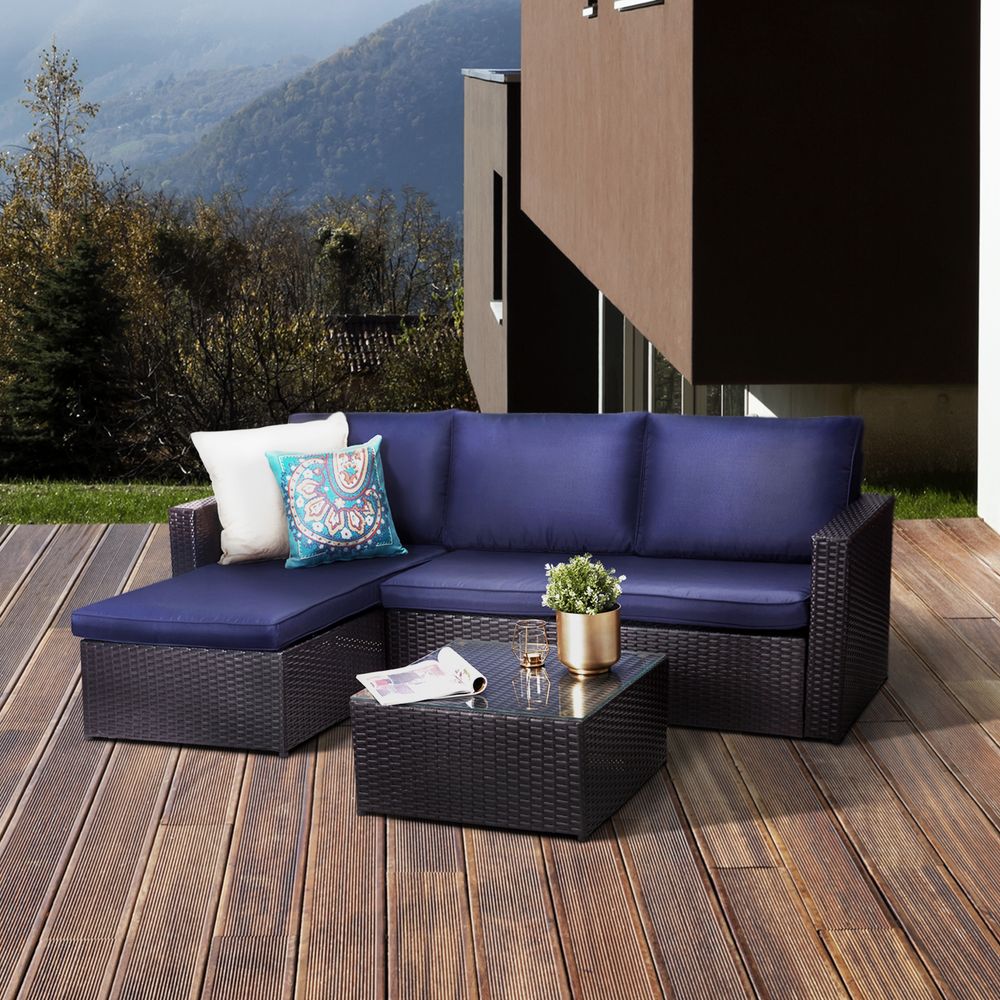 3 Pcs Garden Furniture, Rattan Patio Table & Sofa Set with Cushions - anydaydirect