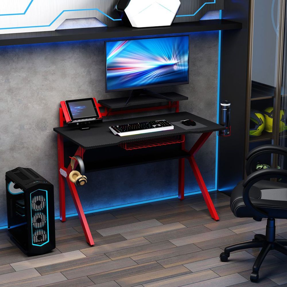 Gaming Desk Computer Table w/ Cup Holder Headphone Hook, Basket, Red - anydaydirect