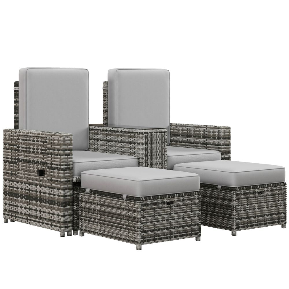Outsunny Recliner Rattan Sun Lounger w/ Storage Tea Table & Footstools, Grey - anydaydirect
