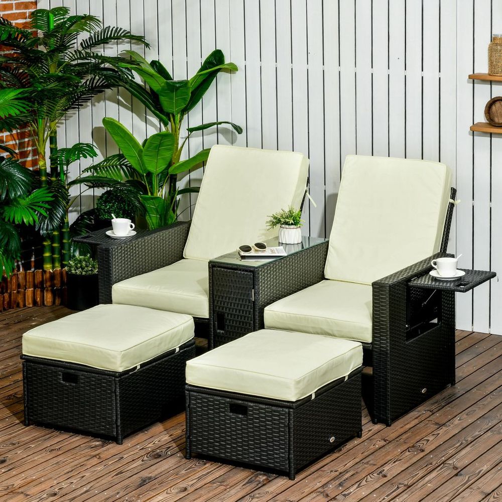 5-level Adjustable Rattan Sun Lounger w/ Storage Tea Table & Footstools, Balck - anydaydirect