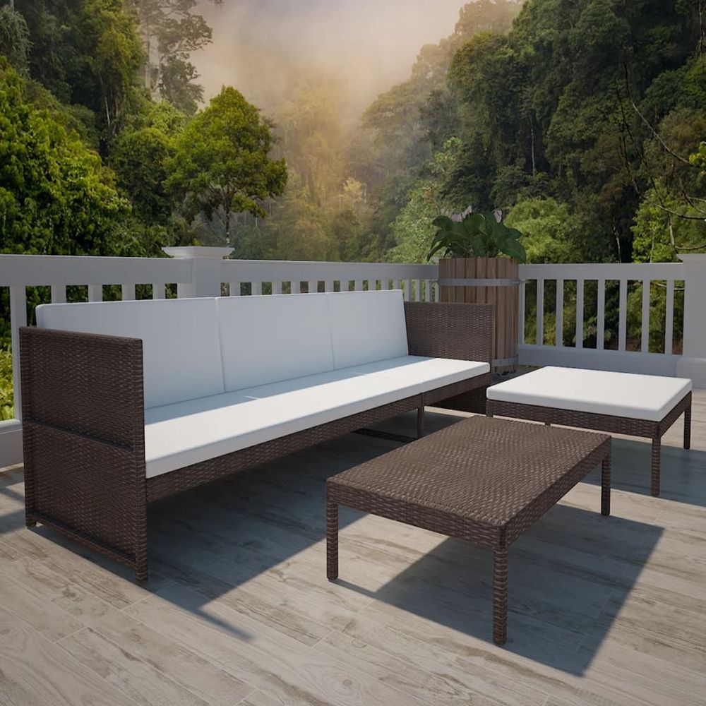 3 Piece Garden Lounge Set with Cushions Poly Rattan Brown - anydaydirect