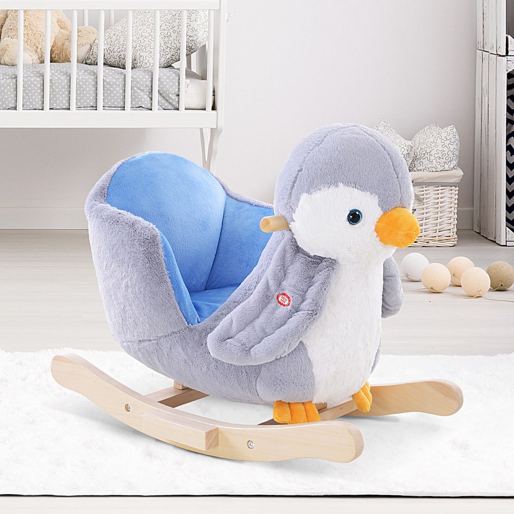 Animal Baby Rocking Horse Penguin Plush Musical Button w/32 Songs Wood - anydaydirect