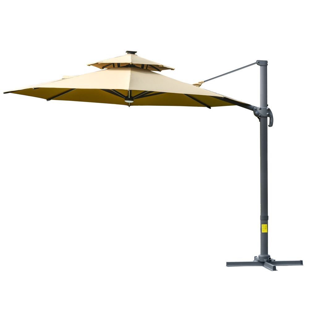 3m Cantilever Parasol w/ Solar Lights Power Bank Garden Umbrella 2-Tier Roof - anydaydirect