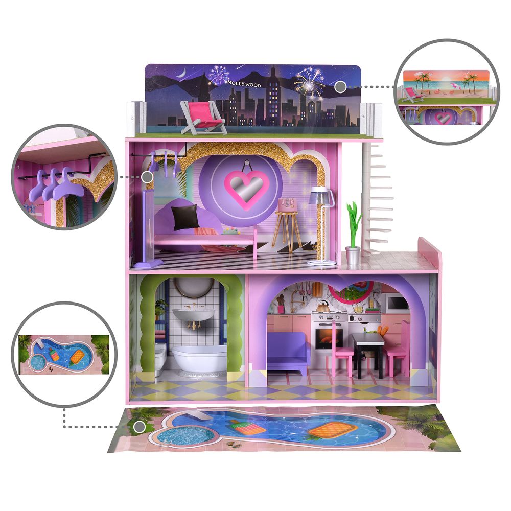 Olivia's Little World Large Kids  Wooden Dolls House 3 Floors & 16 Accessories - anydaydirect