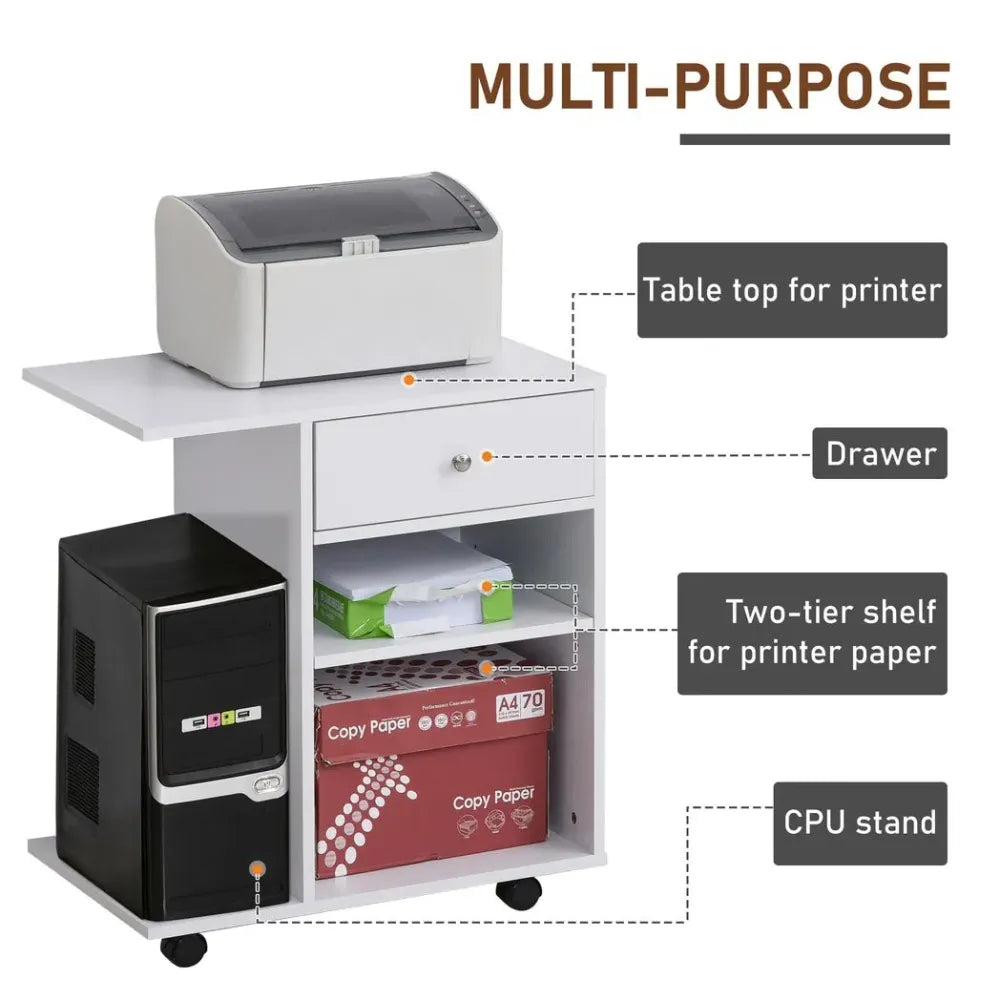 Printer Stand Rolling Cart Desk Side w/ Wheels CPU Stand Drawer Adjustable Shelf - anydaydirect