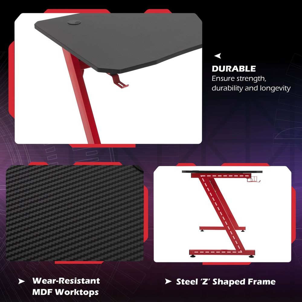 Gaming Desk Steel Frame Cup Headphone Holder Adjustable Feet Home Red - anydaydirect
