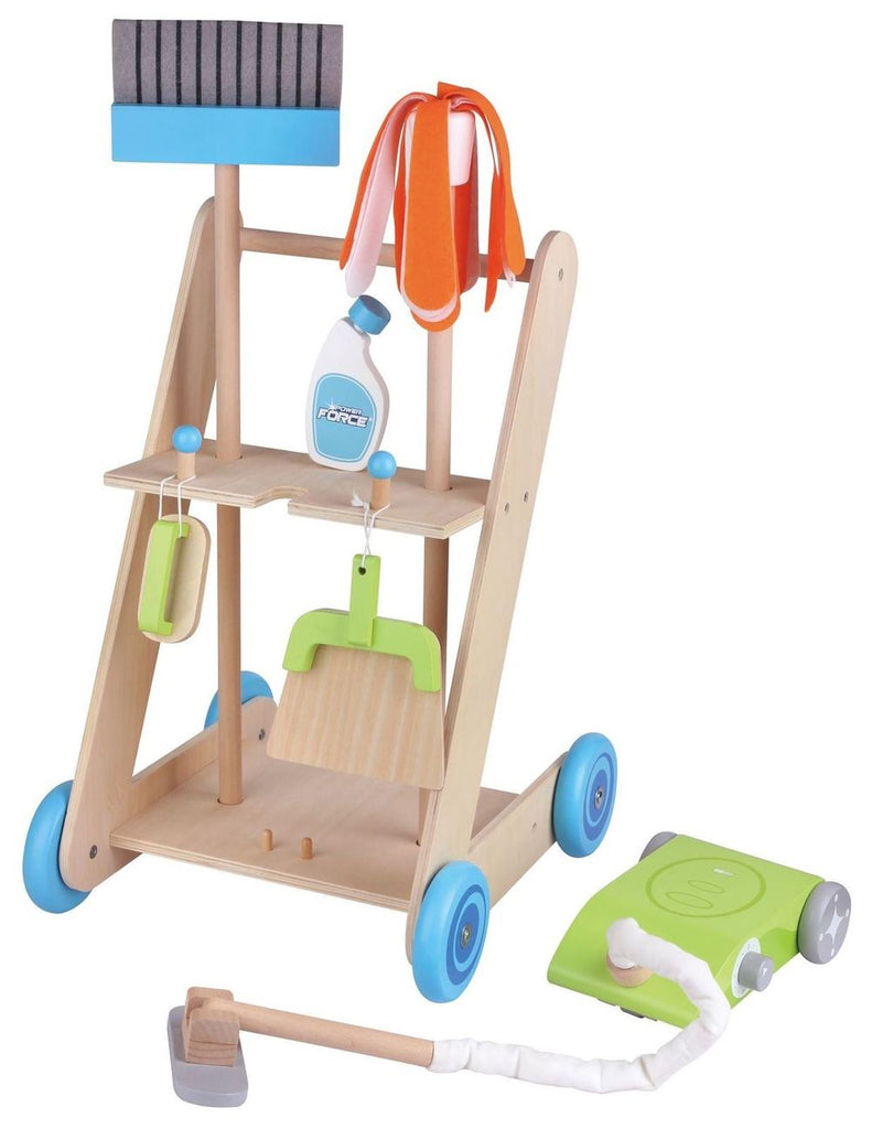 Lelin 11PC Wooden Toy Cleaning Cart Trolley Pretend Play Set for Kids - anydaydirect