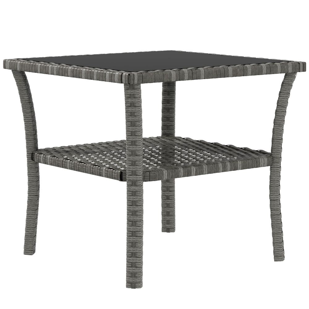 Outsunny PE Rattan Coffee Table, Two-tier Side Table with Glass Top, Grey - anydaydirect