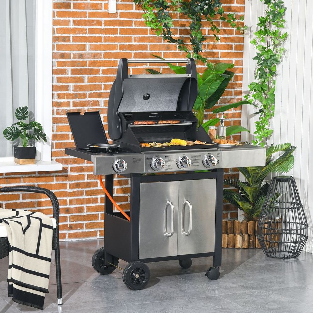 Outsunny Deluxe Gas Barbecue Grill 3+1 Burner Garden BBQ w/ Large Cooking Area - anydaydirect