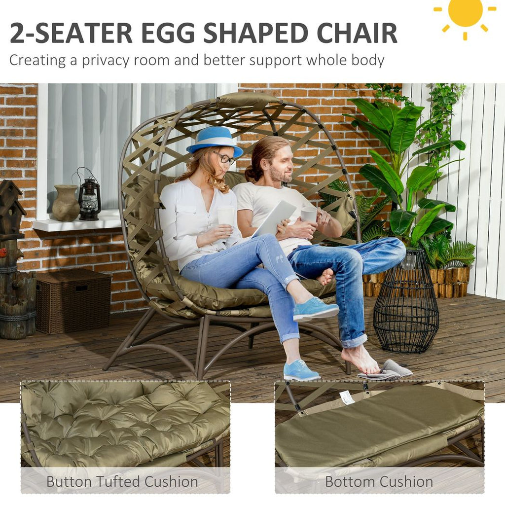 Outsunny 2 Seater Egg Chair Outdoor with Cushion, Cup Pockets - Khaki - anydaydirect