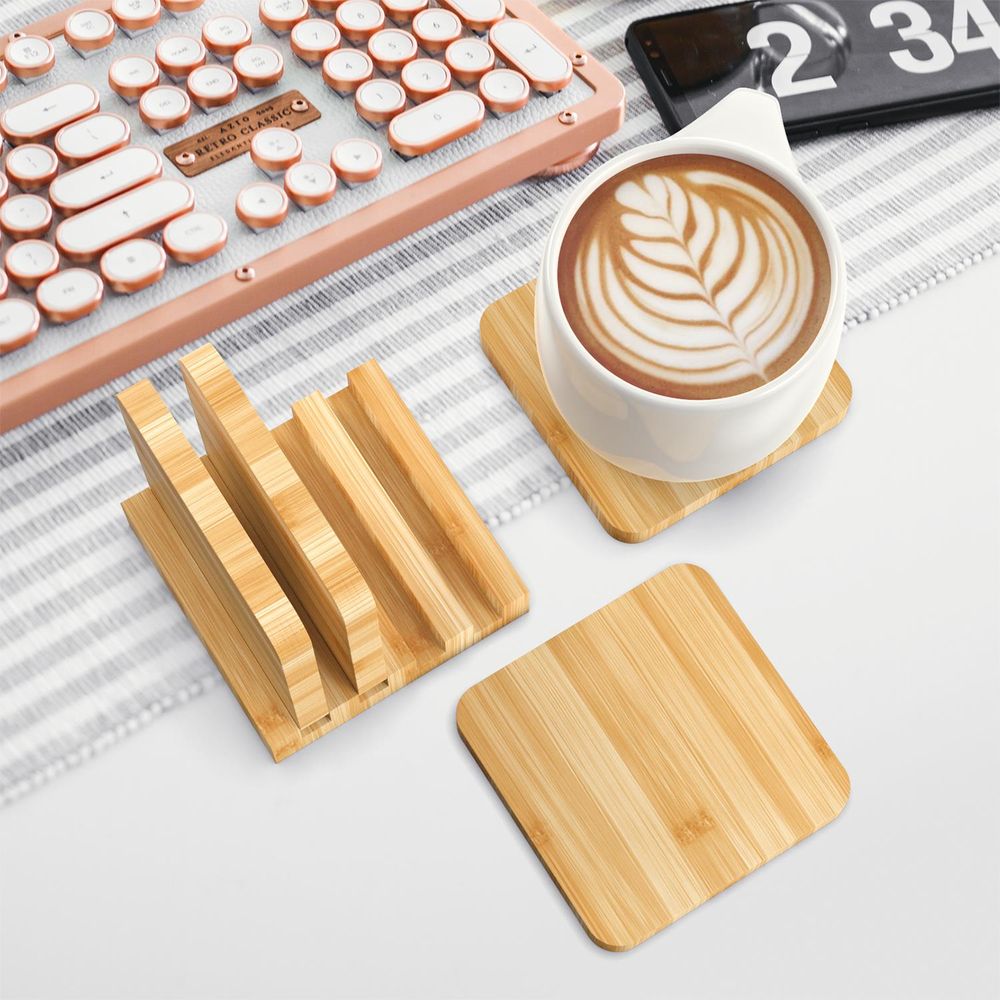 Bamboo Coasters Set of 4 Natural Wood Square Drink Coaster with Holder - anydaydirect