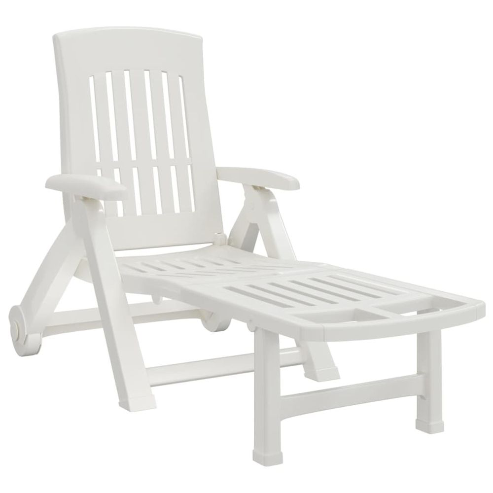 Folding Sun Lounger with Wheels White PP - anydaydirect