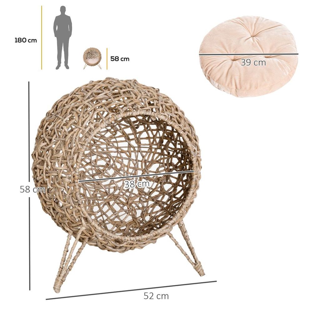 Wicker Cat House, Ball-Shaped Rattan Raised Cat Bed - Natural Wood Finish - anydaydirect