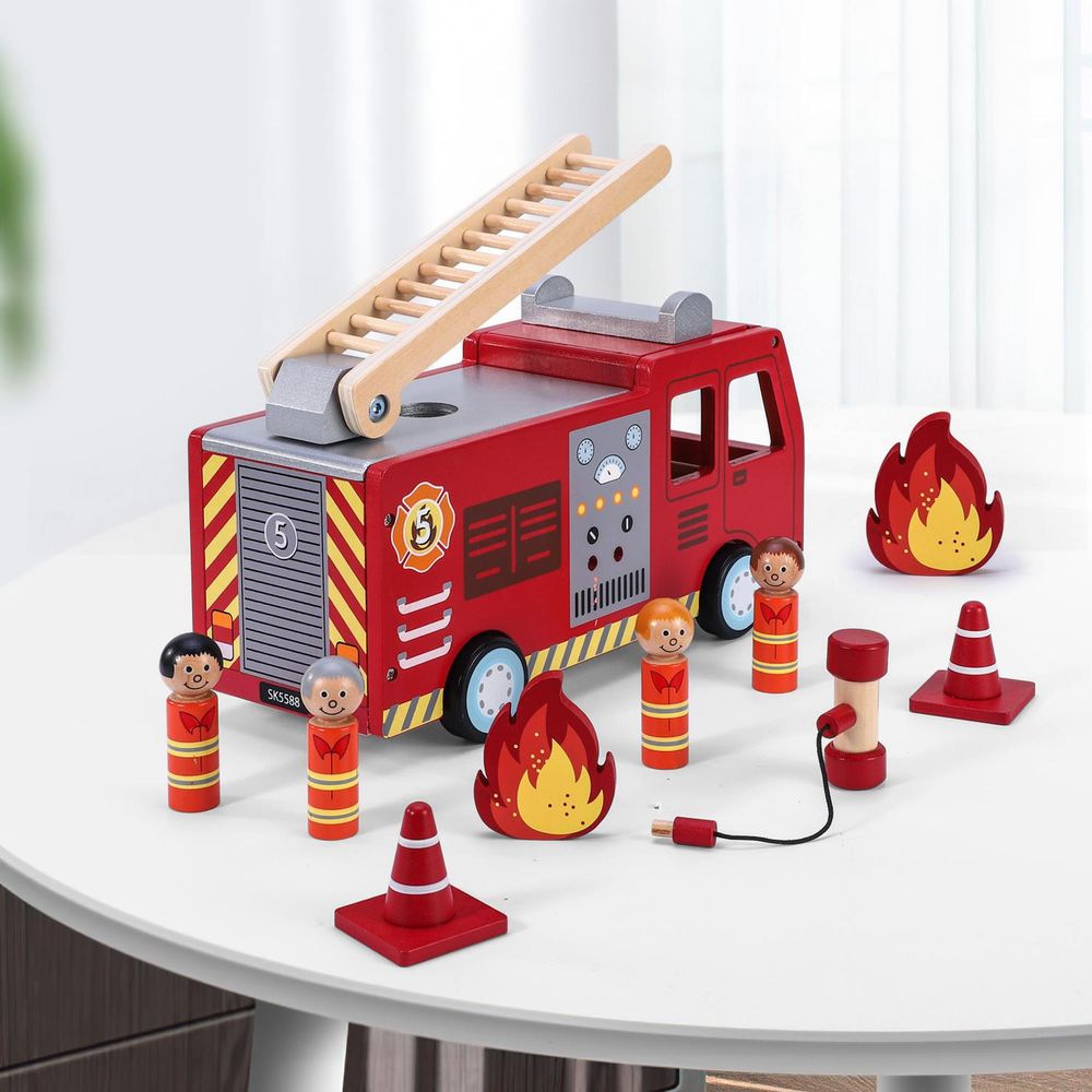 SOKA Wooden Fire Engine Truck with Firefighter Figurines Vehicle Toy for Kids 3+ - anydaydirect