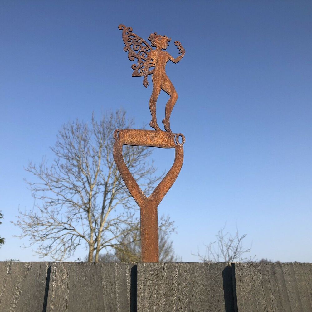 Rusty Metal Fairy on a Spade Garden sign Decoration - anydaydirect