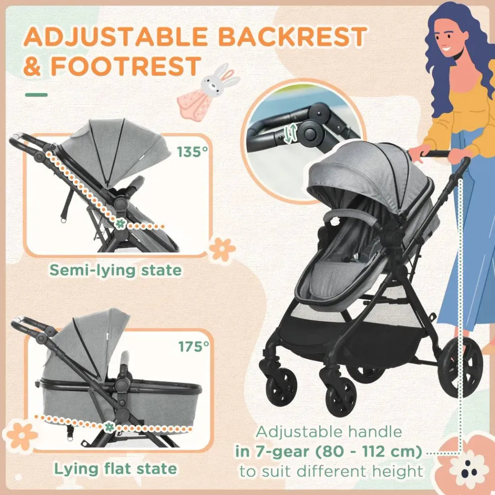 Foldable Baby Pushchair w/ Fully Reclining Backrest From Birth to 3 Years- Gey - anydaydirect