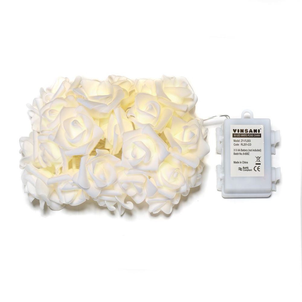 30 LED White Rose Chain Flower Indoor Seasonal Decor Fairy Lights - anydaydirect