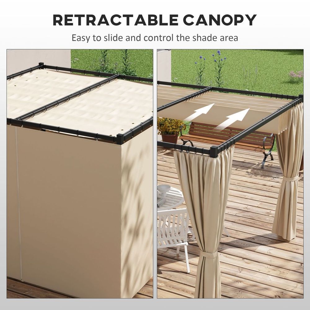 Outsunny 3 x 3(m) Pergola with Retractable Roof and Curtains, Beige - anydaydirect