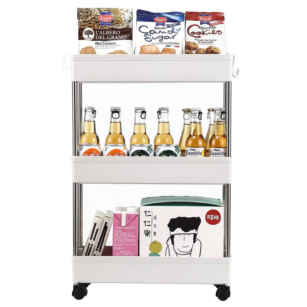 3-Layer Ultra-thin, Mobile Multi-Functional Slim Storage Cart,Suitable for Kitchen, Bathroom, Laundry Room Narrow Place, Plastic and Stainless Steel, White - anydaydirect