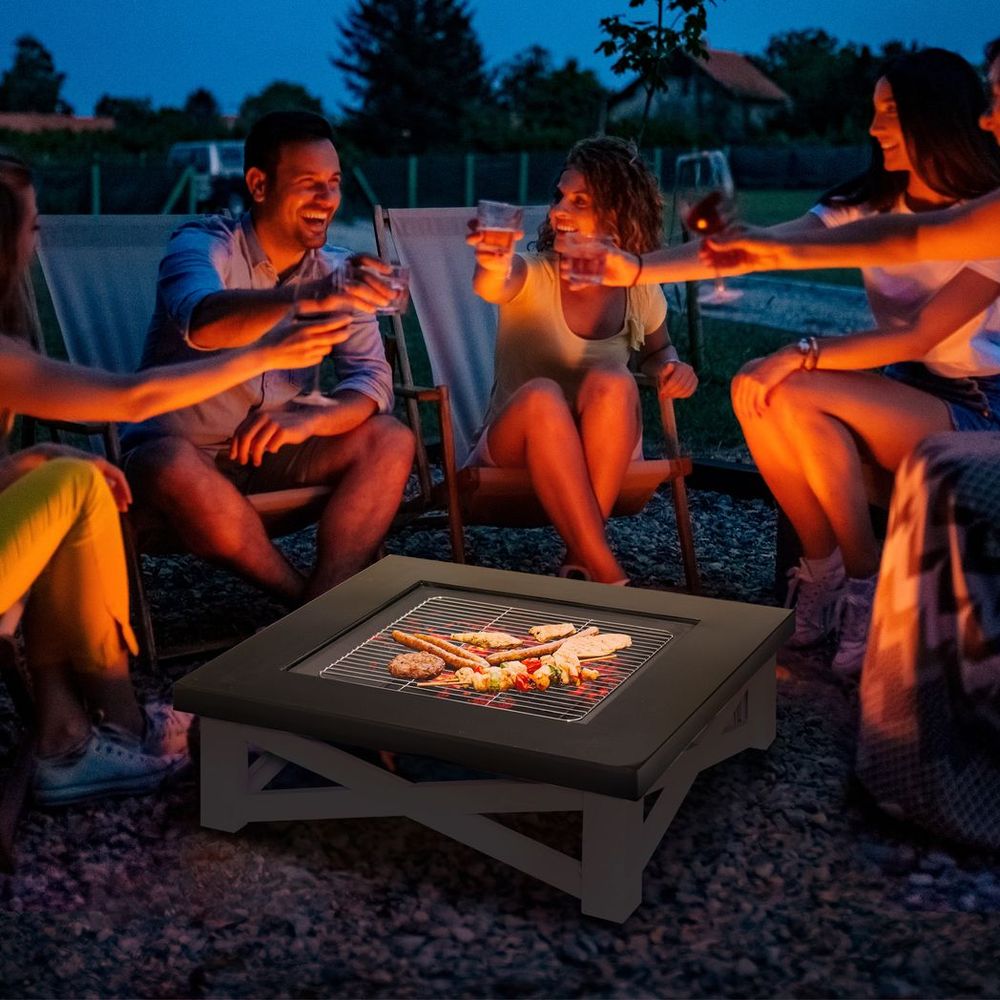 Outsunny 86cm Square Garden Fire Pit Square Table w/ Poker Mesh Cover Log Grate - anydaydirect