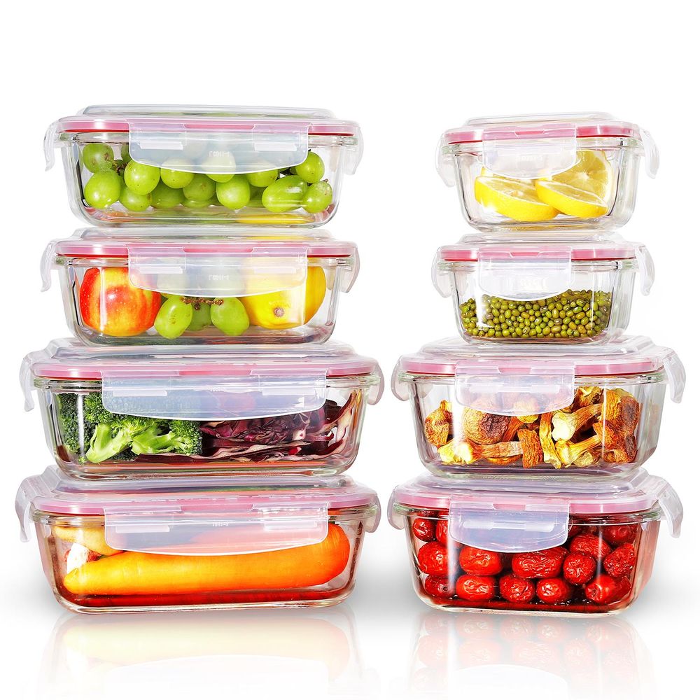 8 PCs Rectangle Square  Airtight Glass Food Containers with Lids Storage Kitchen Containers - anydaydirect