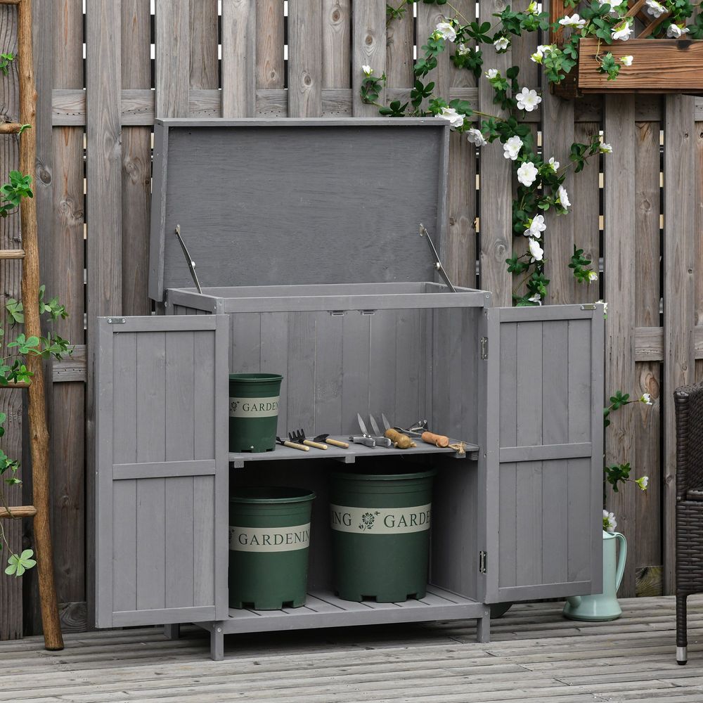 74x43x88cm Garden Shed Storage Wooden Chest Double Doors Shelf Hinged Roof - anydaydirect
