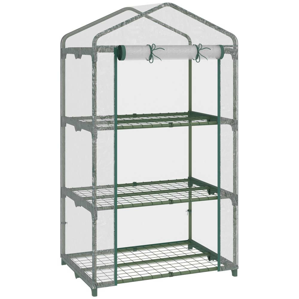 3 Tier Mini Greenhouse Roll Up Door Wire Shelves, 69x49x125cm, Clear - anydaydirect