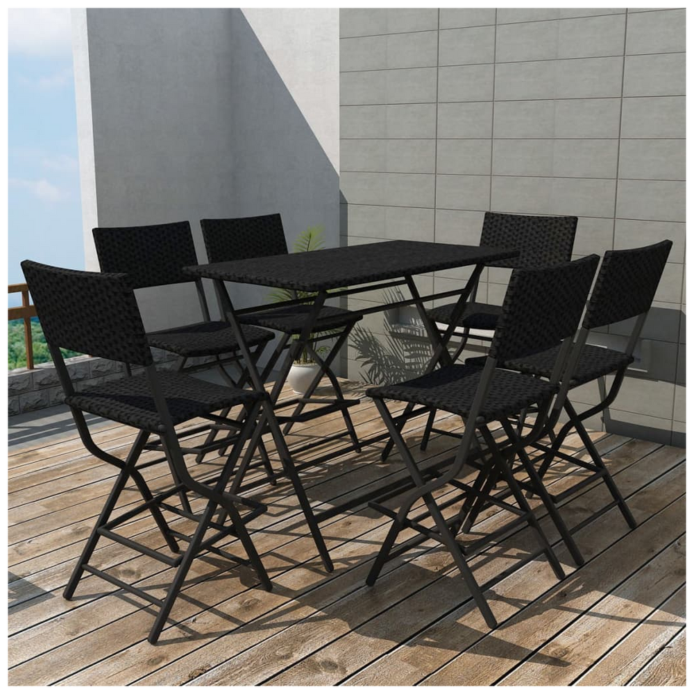 vidaXL 7 Piece Folding Outdoor Dining Set Steel Poly Rattan Black - anydaydirect