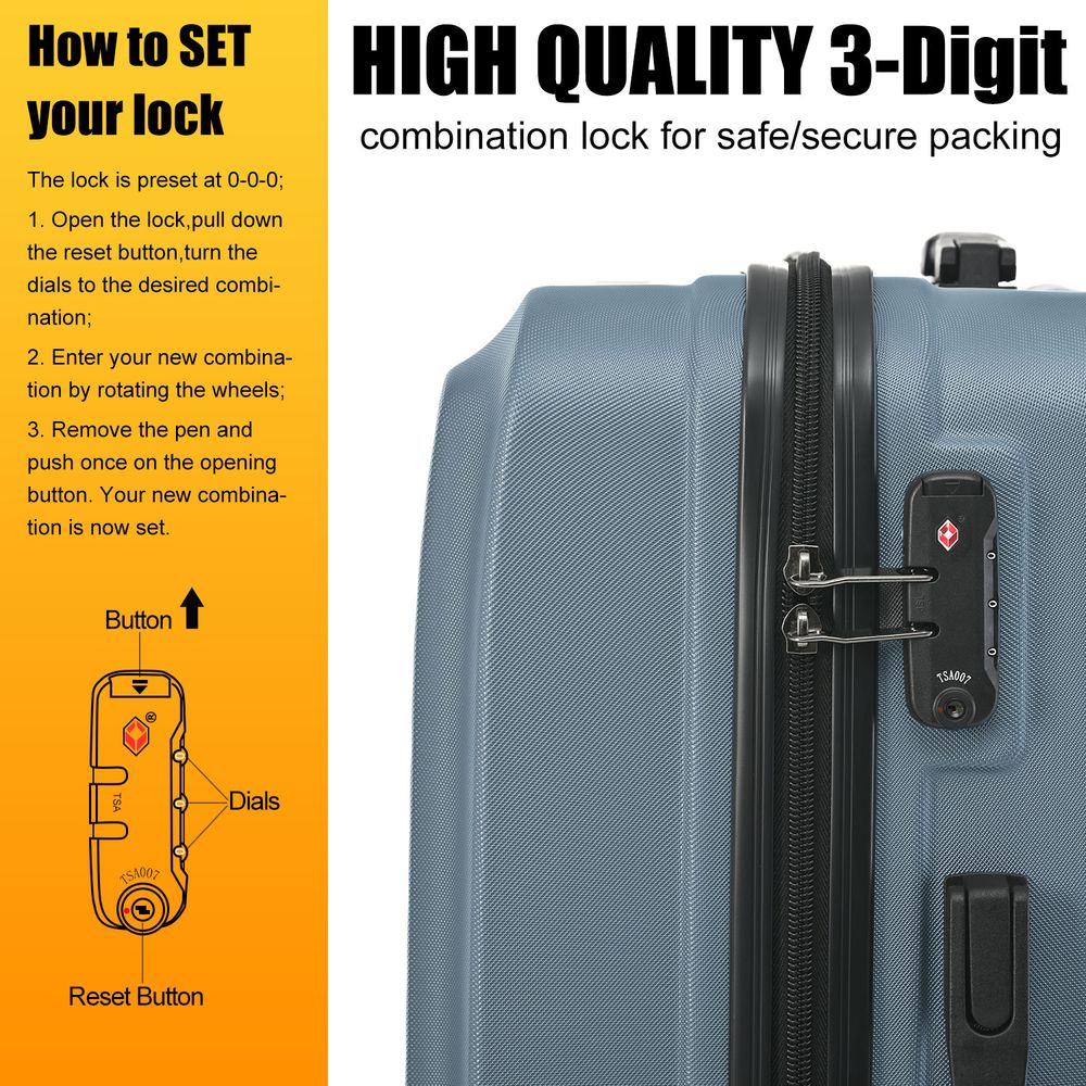 100% ABS Luggage Set, with internal storage pocket, 20, 24, 28 inch (Haze Blue) - anydaydirect