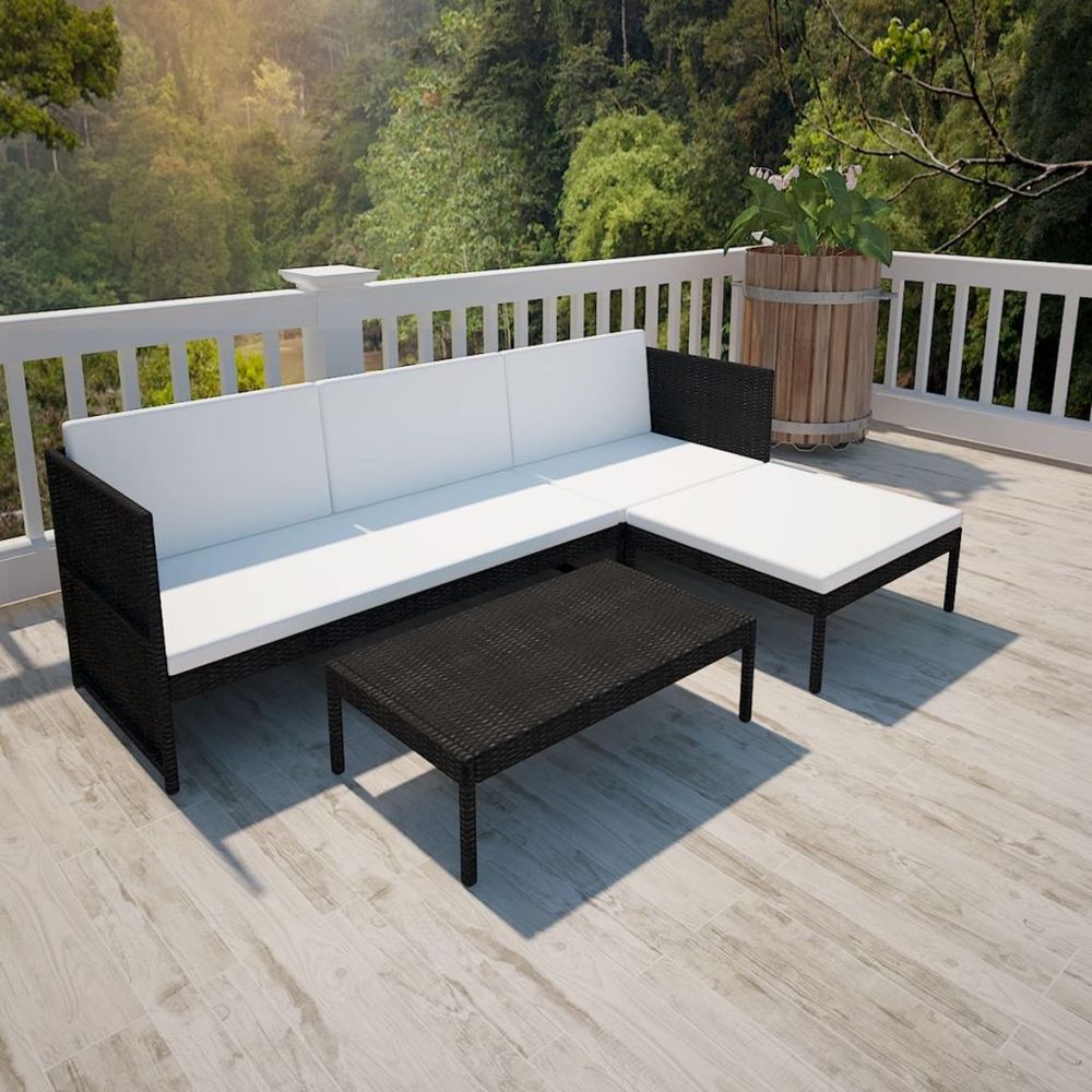 3 Piece Garden Lounge Set with Cushions Poly Rattan Black - anydaydirect