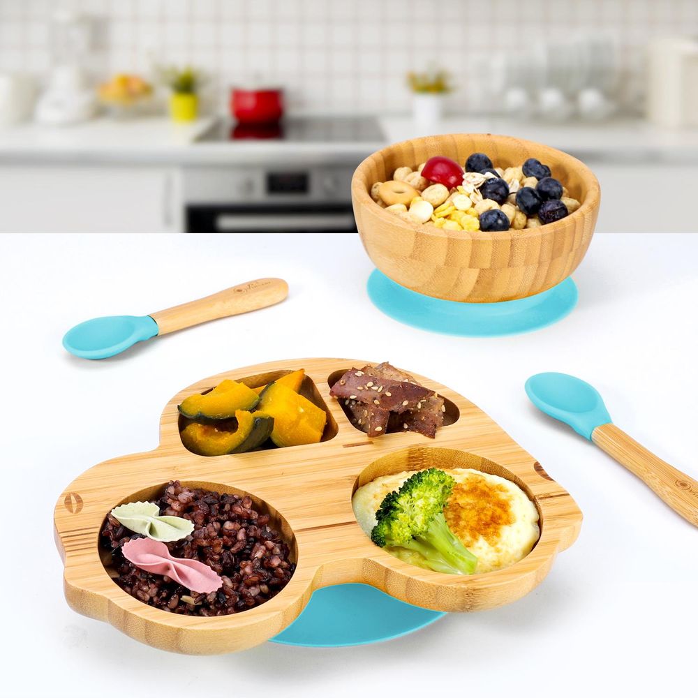 Bamboo Car Plate Bowl & Spoon Set Suction Bowl Stay-Put Design for Kids - anydaydirect