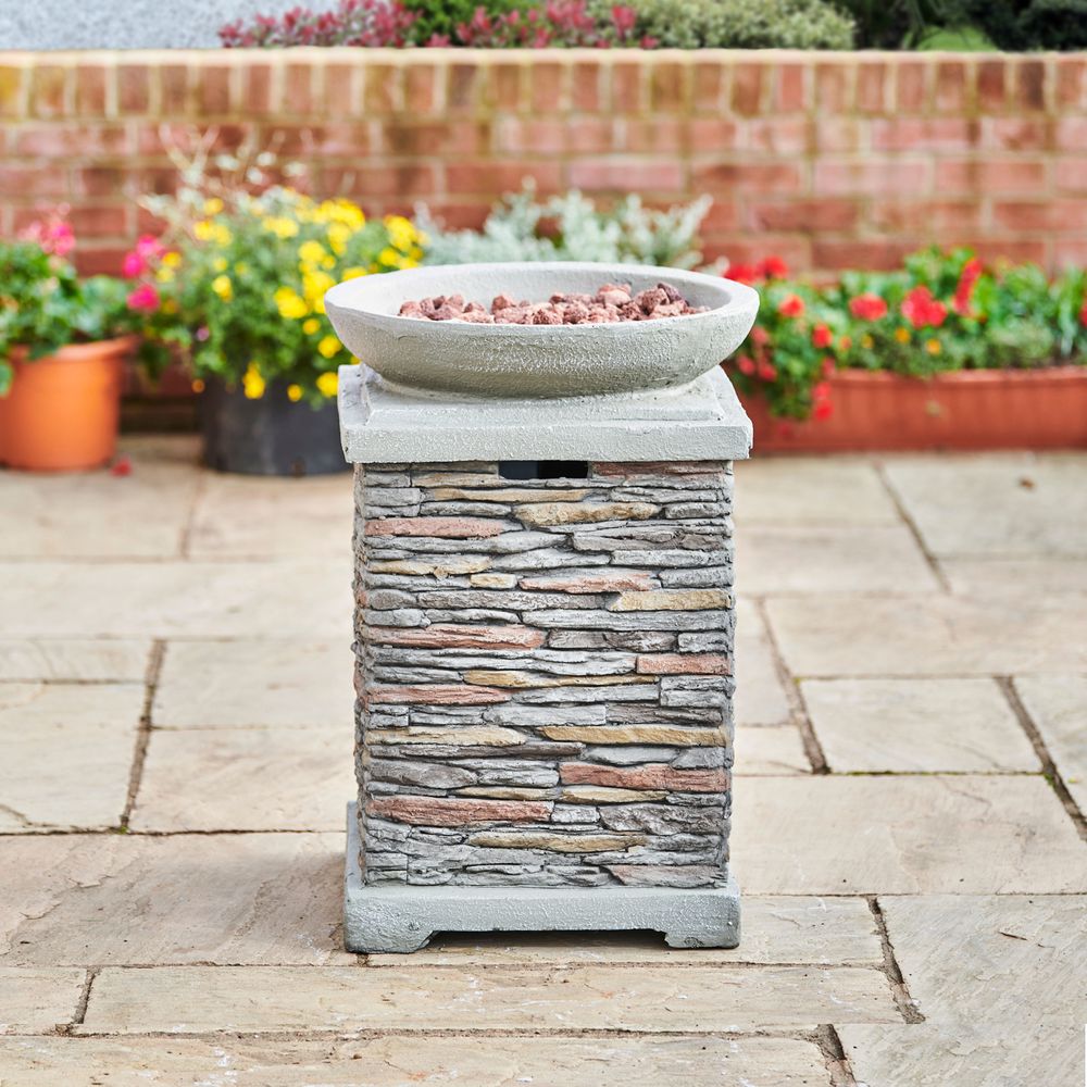 Outdoor Garden Stone Propane Gas Fire Pit with Lava Rocks & Cover - anydaydirect