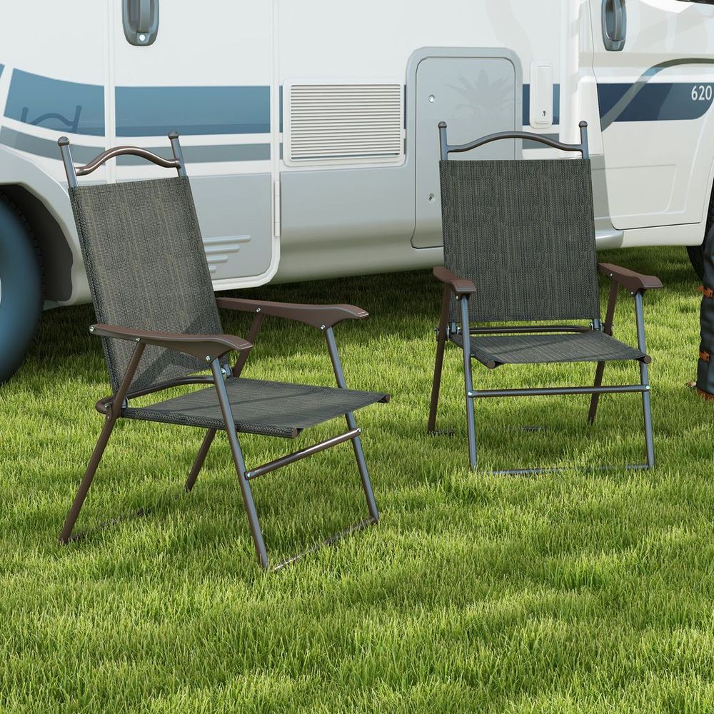 Outsunny Folding Chairs Set with Armrest Breathable Mesh Fabric Seat Dark Brown - anydaydirect