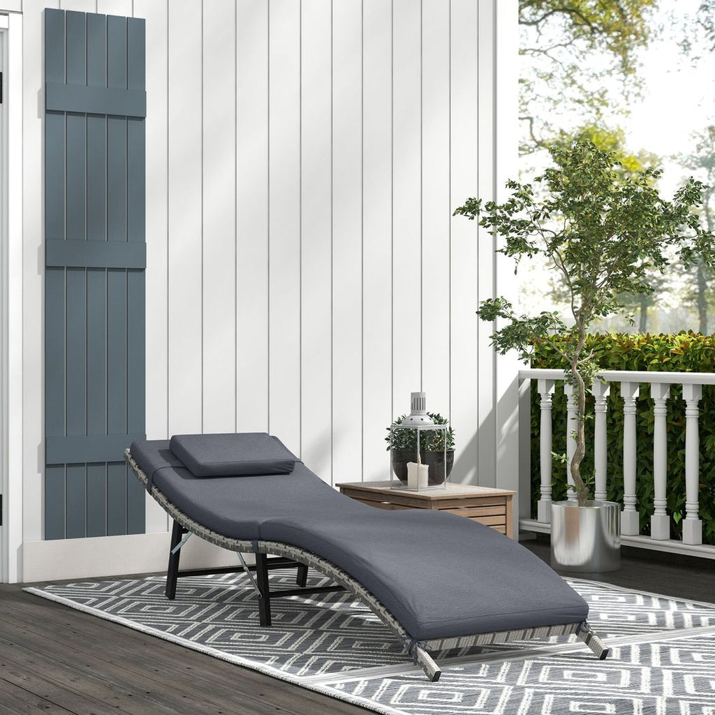 Outsunny Folding Rattan Sun Lounger Outdoor Chair with Cushion and Pillow, Grey - anydaydirect