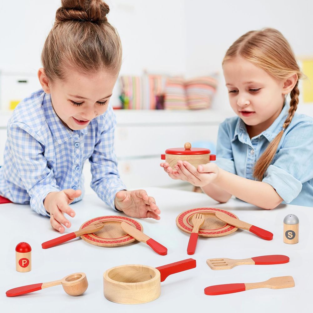 SOKA 14 PC Wooden Kitchen Red Cooking Set Pretend Role Play Set for Children - anydaydirect