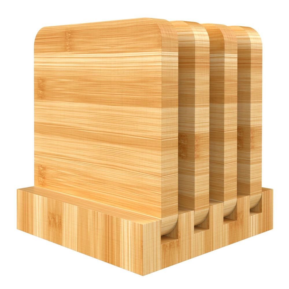 Bamboo Coasters Set of 4 Natural Wood Square Drink Coaster with Holder - anydaydirect